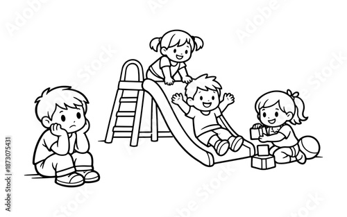 Sad boy sitting alone while other children play on a slide and with blocks