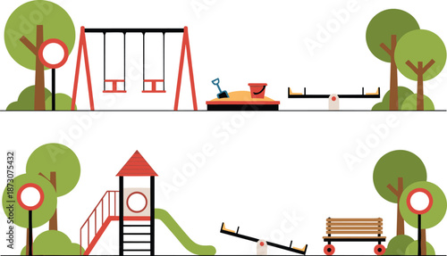 Kids playground illustration set, park play equipment swings slide seesaw bench trees, outdoor recreation flat vector design