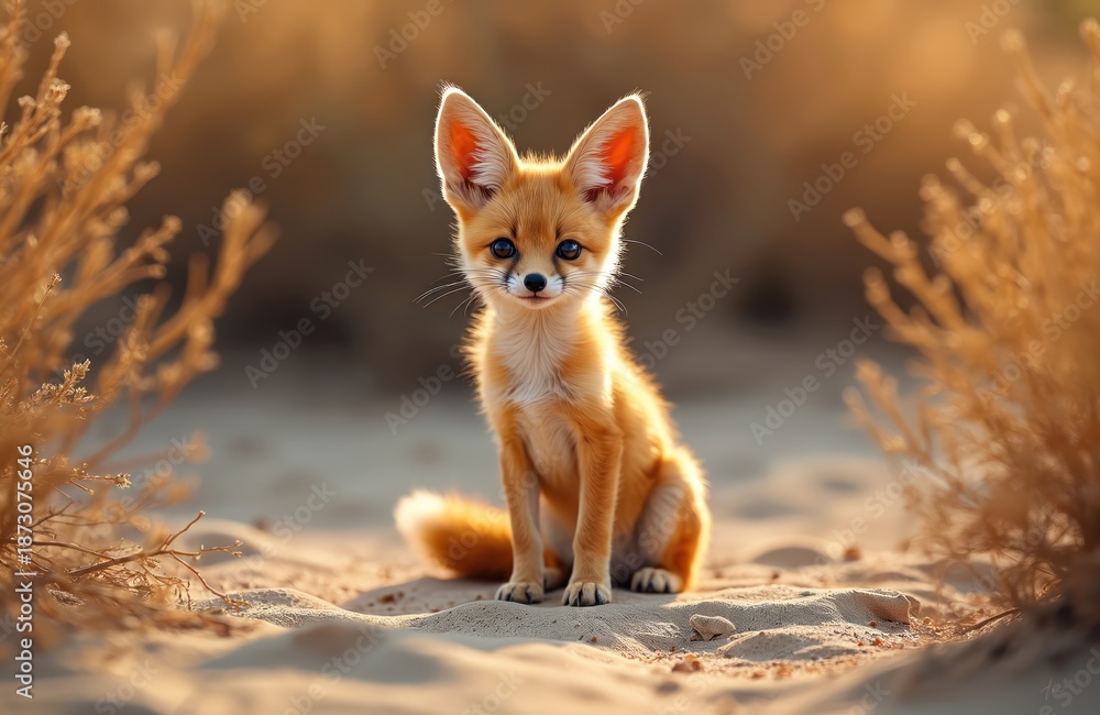 Fototapeta premium Cute fennec fox sits on sand. Beautiful animal looks at camera. Wild mammal in desert environment. Young animal portrait with fluffy ginger fur and large ears.