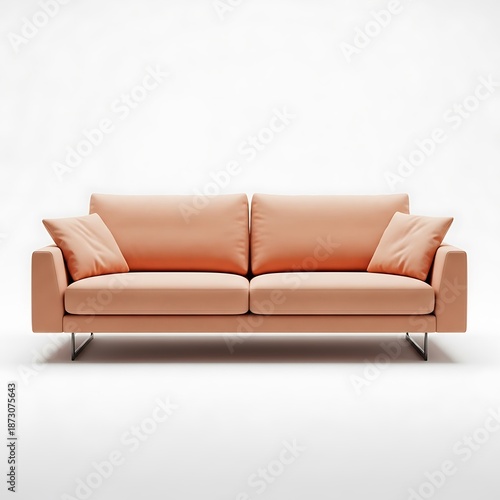 Modern peach sofa with clean lines and plush cushions displayed on a white background.