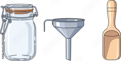 Kitchen storage tools, glass jar, metal funnel, wooden scoop, airtight container, food prep items, vector illustration, culinary equipment, pantry essentials
