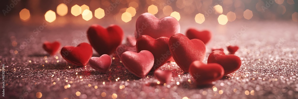 Fototapeta premium A cluster of red and pink heart shaped objects on a glittery surface with warm lights