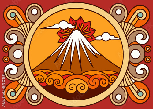 Vibrant illustration of a majestic volcano within an ornate frame Vector