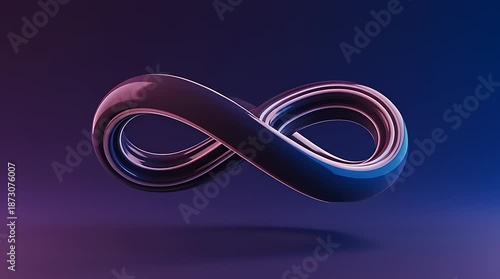 Abstract infinity loop ribbon rotating on gradient background.