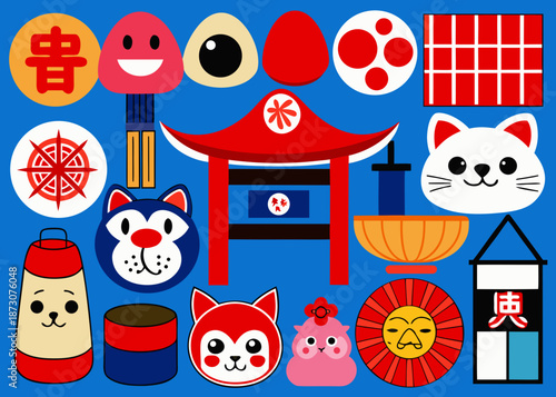 Vibrant japanese culture illustration featuring symbols and animals Vector
