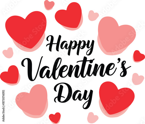 Sweet Happy Valentine's Day message surrounded by a collection of scattered pink and red paper-cut style hearts on a soft pink background. , Generative Ai