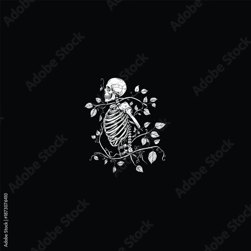 Vintage hand drawn engraving of a human skull and skeletal remains intertwined with organic growing vines and leaves.