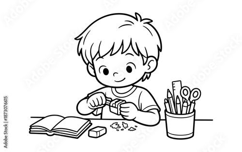 Cute cartoon boy sharpening a pencil at a desk with school supplies