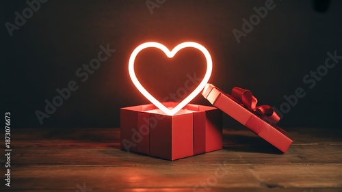A heart shaped neon light glowing from an open red gift box on a wooden table