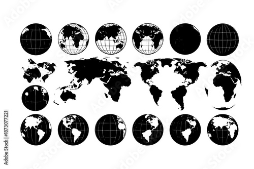 Set of black sillouette world map element design. Black and White Globe Set with Continents – World Map Spheres in Multiple Hemisphere Views and Grid Line Projections – Vector Illustration