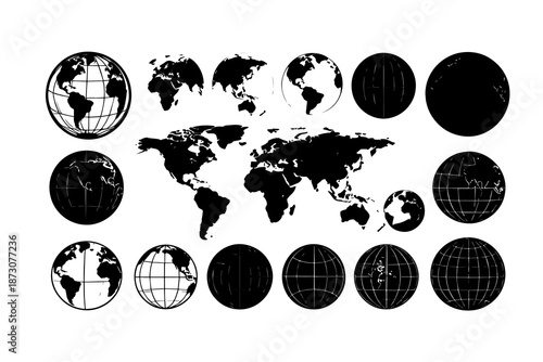 Diverse Collection of Stylized Earth Globe and World Map Silhouettes in Black and White, Embodying Global Connections and Geographic Concepts for Modern Designs