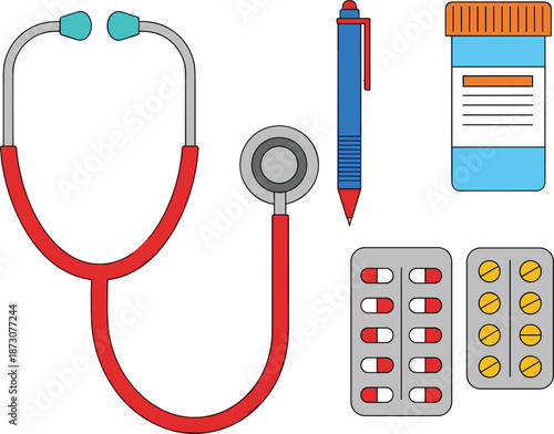 Medical tools illustration, stethoscope, pill bottle, capsules, tablets, healthcare equipment, patient care, pharmacy, doctor supplies, medicine vector design