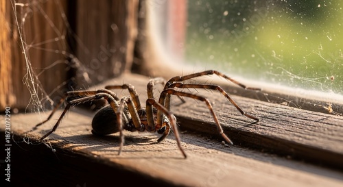 A detailed spider with eight legs sits on a dusty wooden windowsill.