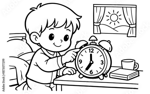 Cute cartoon boy waking up and turning off his alarm clock in the morning