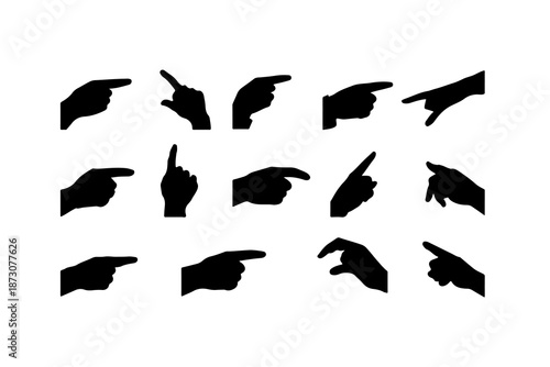 Set of simple sillouette different hand pose style. vector illustration. Gestures of hand pointing, thumbs up, dislike, thumbs down, typing,