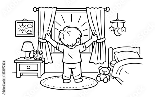 Child opening curtains to bright morning sun in bedroom, starting the day