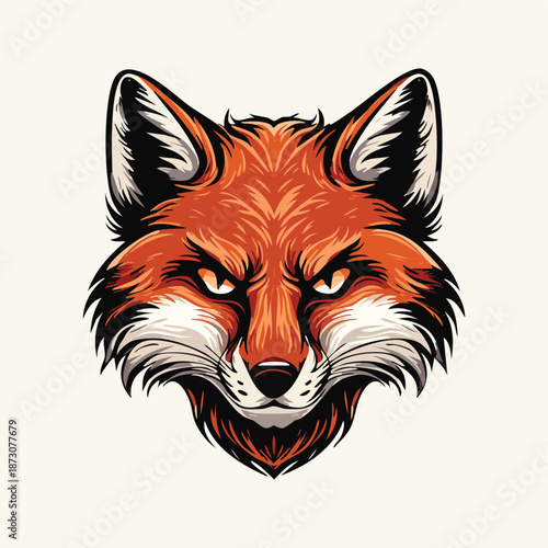 Powerful red fox head cartoon mascot and wild animal vector illustration featuring a tribal black predator face symbol for nature and wildlife art