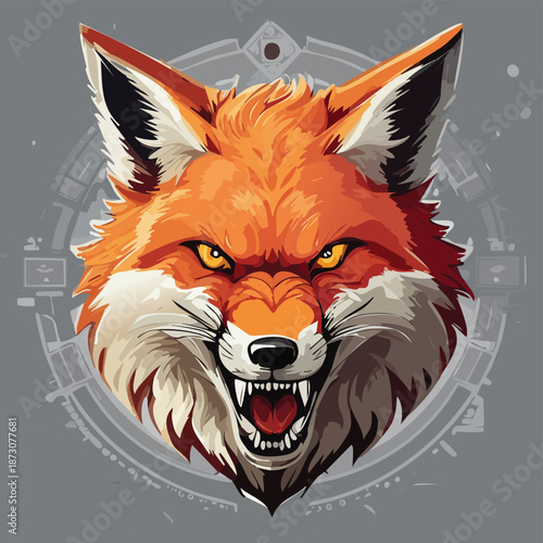 A wild red fox cartoon mascot and canine predator vector illustration featuring a stylized mammal head design for a nature symbol or beast tattoo art