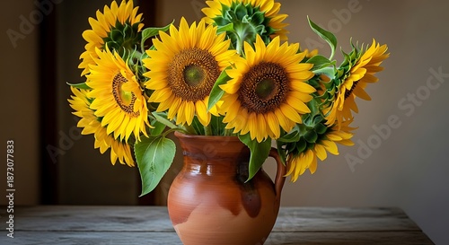Bright sunflowers fill a rustic clay vase on a wooden table.