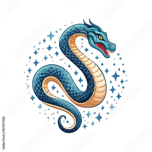 A cute cartoon vector illustration of a Chinese New Year snake and dragon character design featuring a tattoo style reptile serpent or cobra symbol for the 2013 year of the snake zodiac art