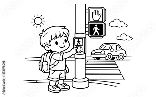 Cute cartoon boy with backpack presses button at crosswalk, waiting for traffic signal