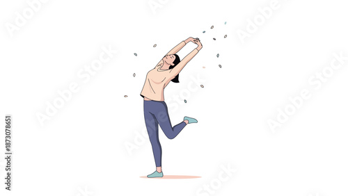 Woman in yoga pose releasing petals into the air with joy