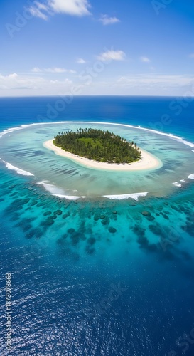 Aerial view of a lush green island surrounded by turquoise waters.