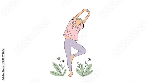 Serene woman practicing yoga outdoors in nature with flowers