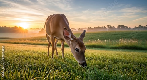 Deer grazes peacefully in a misty meadow at sunrise.