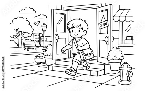 Happy cartoon boy with a satchel leaving a building with an open sign