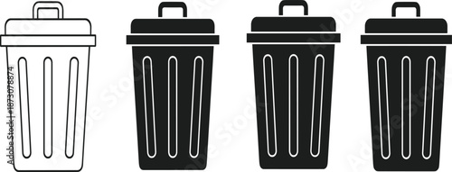 Trash can icon set with lid, garbage bin silhouettes, recycling waste container vector illustration isolated on white background for design