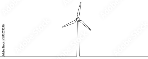 Wind turbine with three blades, mounted vertically. Symbol of renewable energy, clean power, ecology, and sustainability in one line art style with editable black stroke. Vector illustration.