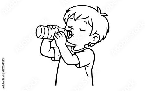 Cute cartoon boy drinking from a bottle with his eyes closed