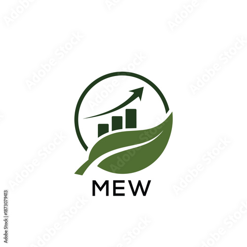MEW Green Growth Logo. MEW Leaf and Upward Chart – Business, Finance, Investment  MEW Branding Icon
