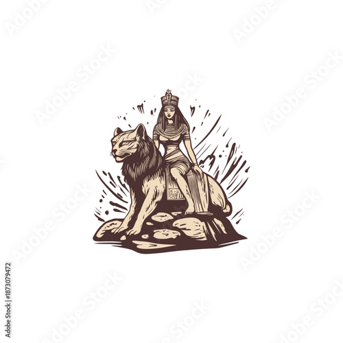 Vintage hand drawn engraving of an Egyptian queen or goddess riding a majestic lion on a rocky outcrop