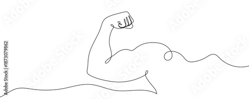 A bent arm with a tense bicep and a clenched fist, symbolizing strength and power. Drawing in one line art style with editable black stroke. Vector illustration.
