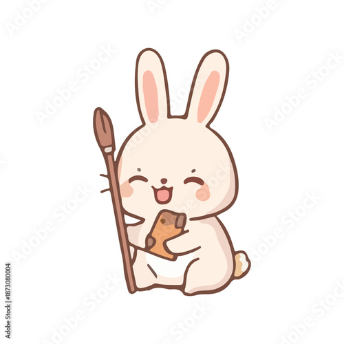 Cute cartoon Easter bunny happily holding water bottles
