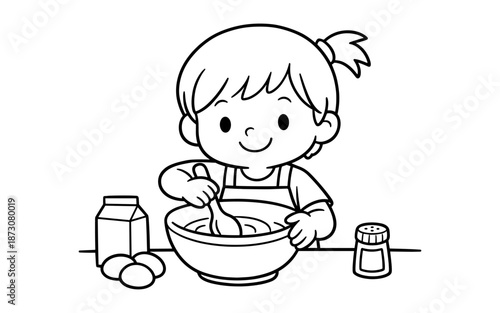 Cute cartoon child happily mixing ingredients in a bowl for baking or cooking