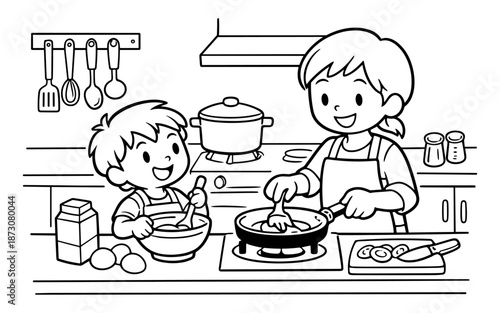 Mother and child happily cooking together in a kitchen, preparing food for a meal