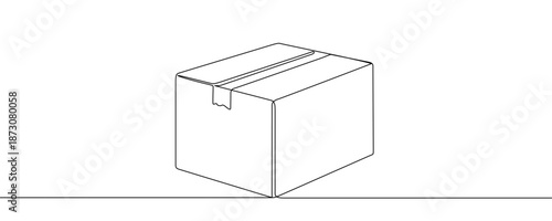 A closed cardboard box sealed with tape, symbolizing delivery, parcel, or storage. Drawing in one line art style with editable black stroke. Vector illustration.