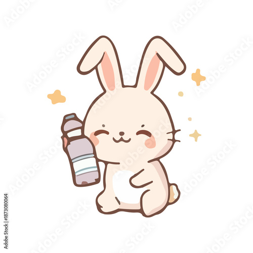 Cute cartoon Easter bunny happily holding water bottles