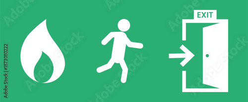 Fire Emergency Exit Signage: Universal Running Man and Flame Pictogram Vector