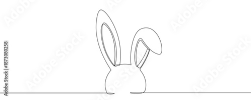 Rabbit or bunny ears peeking up from the bottom, symbolizing Easter, spring, and nature. Drawing in one line art style with editable black stroke. Vector illustration.