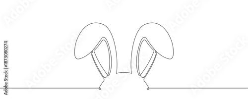 Rabbit or bunny ears peeking up from the bottom, symbolizing Easter, spring, and nature. Drawing in one line art style with editable black stroke. Vector illustration.