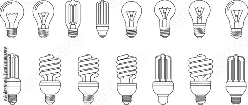 Vector illustration of light bulb icons—symbols for energy types, lighting design, electrical components, efficiency comparison, and product reference graphics