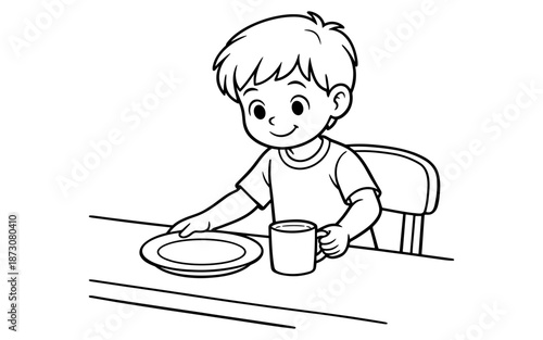 Cartoon boy sitting at a table with a plate and mug, ready to eat or drink