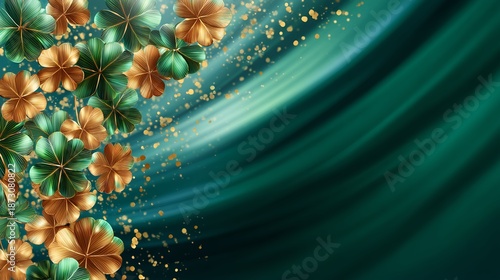 St. Patrick’s Day elegant shamrock banner with gold accents and copy space, ideal for St. Patrick’s Day promotions, holiday marketing, event invitations, website headers and seasonal design projects