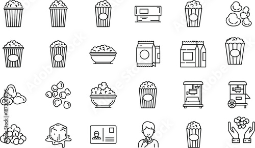 Vector illustration of popcorn icons—symbols for snack design, cinema treats, food packaging, entertainment graphics, and movie night branding elements