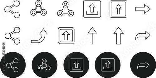 Vector illustration of share and upload icons—symbols for digital interaction, interface design, communication tools, and user experience reference elements