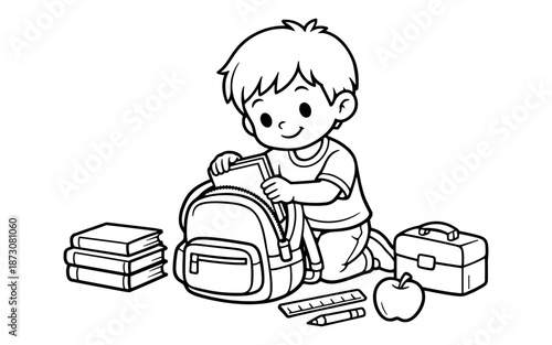 Cute cartoon boy packing his backpack with school supplies and lunchbox